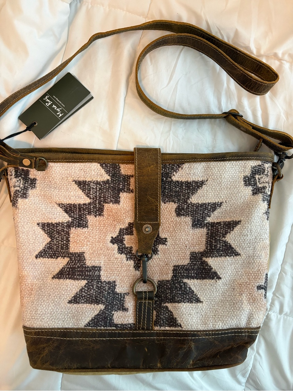Myra Bag Cream and Brown Aztec Shoulder Bag with Leather Trim